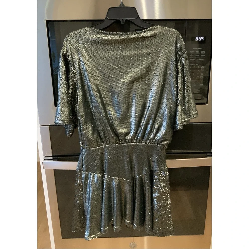 Free People Women's Manuka Sequin Mini Dress M Silver Gunmetal Gray READ